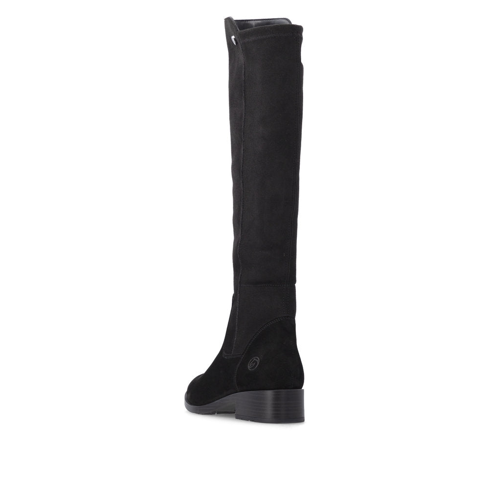 Remonte D3U70-00 women's wide black leather & textile side zip knee high boots, rear three-quarter view.
