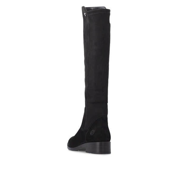 Remonte D3U70-00 women's wide black leather & textile side zip knee high boots, rear three-quarter view.