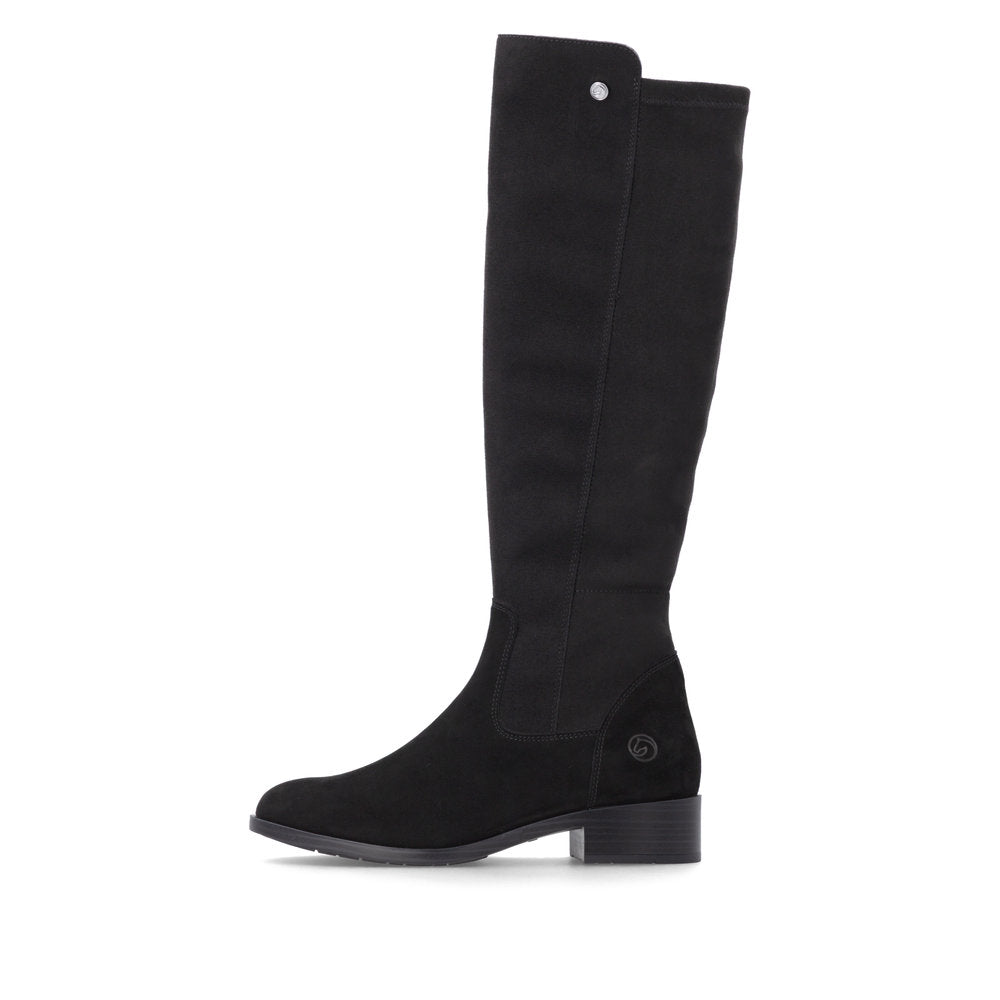 Remonte D3U70-00 women's wide black leather & textile side zip knee high boots, inner side view.