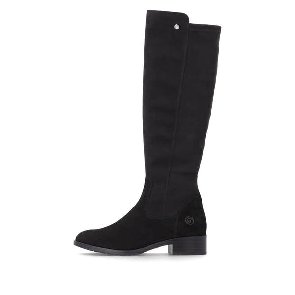 Remonte D3U70-00 women's wide black leather & textile side zip knee high boots, inner side view.