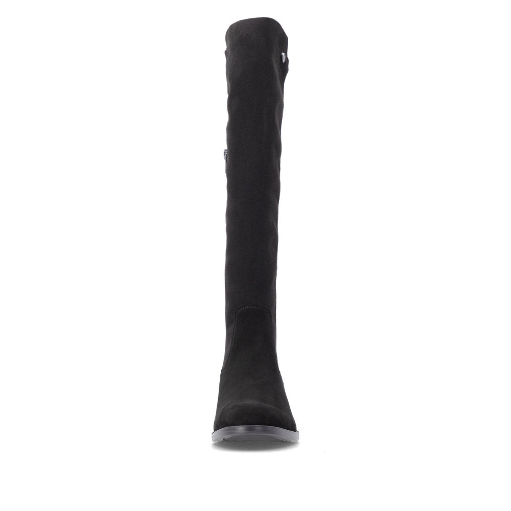 Remonte D3U70-00 women's wide black leather & textile side zip knee high boots, front view.