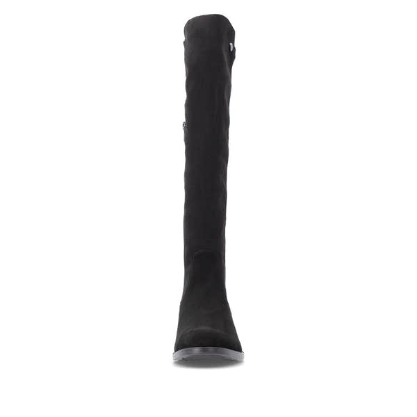 Remonte D3U70-00 women's wide black leather & textile side zip knee high boots, front view.