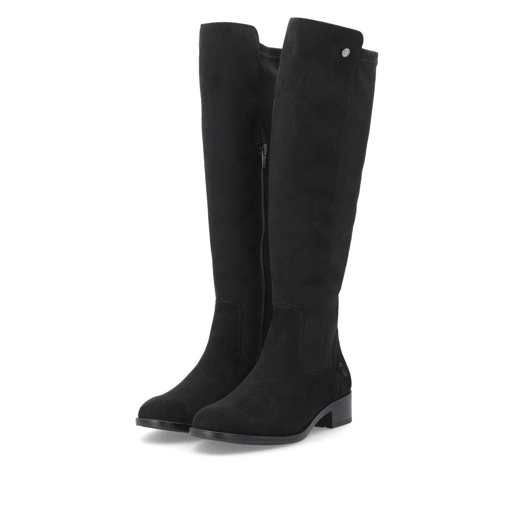 Remonte D3U70-00 women's wide black leather & textile side zip knee high boots, paired three-quarter view.