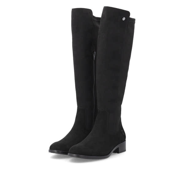 Remonte D3U70-00 women's wide black leather & textile side zip knee high boots, paired three-quarter view.