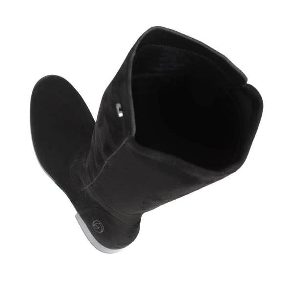 Remonte D3U70-00 women's wide black leather & textile side zip knee high boots, two-angle product view.