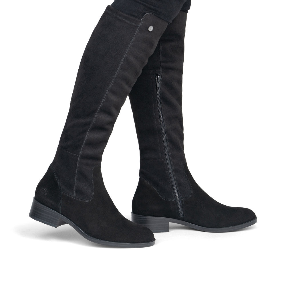 Remonte D3U70-00 women's wide black leather & textile side zip knee high boots, on-foot lifestyle view.