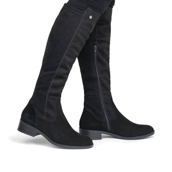 Remonte D3U70-00 women's wide black leather & textile side zip knee high boots, on-foot lifestyle view.