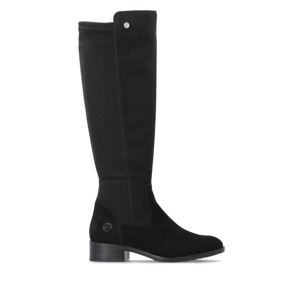 Remonte D3U70-00 women's wide black leather & textile side zip knee high boots, opposite side view.
