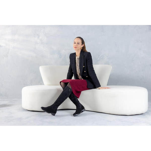 Remonte D3U70-00 women's wide black leather & textile side zip knee high boots, lifestyle view 1 of 5.