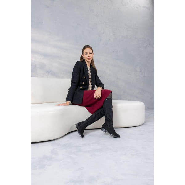 Remonte D3U70-00 women's wide black leather & textile side zip knee high boots, lifestyle view 3 of 5.