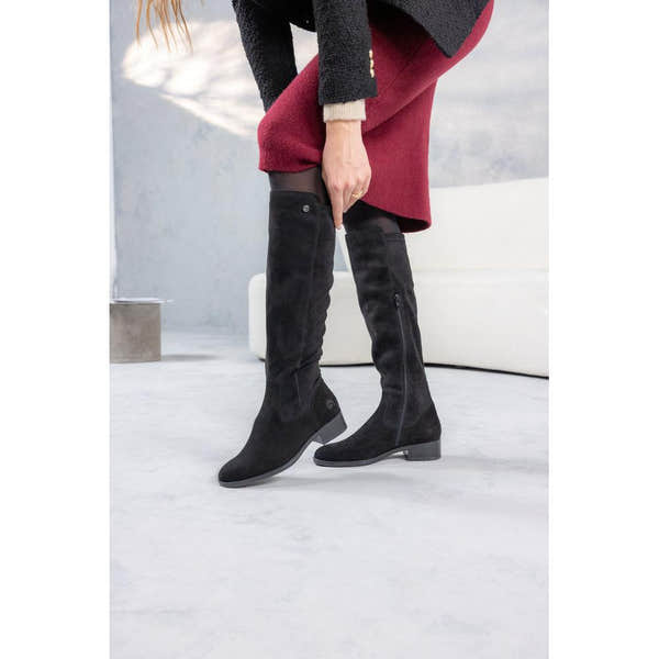 Remonte D3U70-00 women's wide black leather & textile side zip knee high boots, lifestyle view 5 of 5.