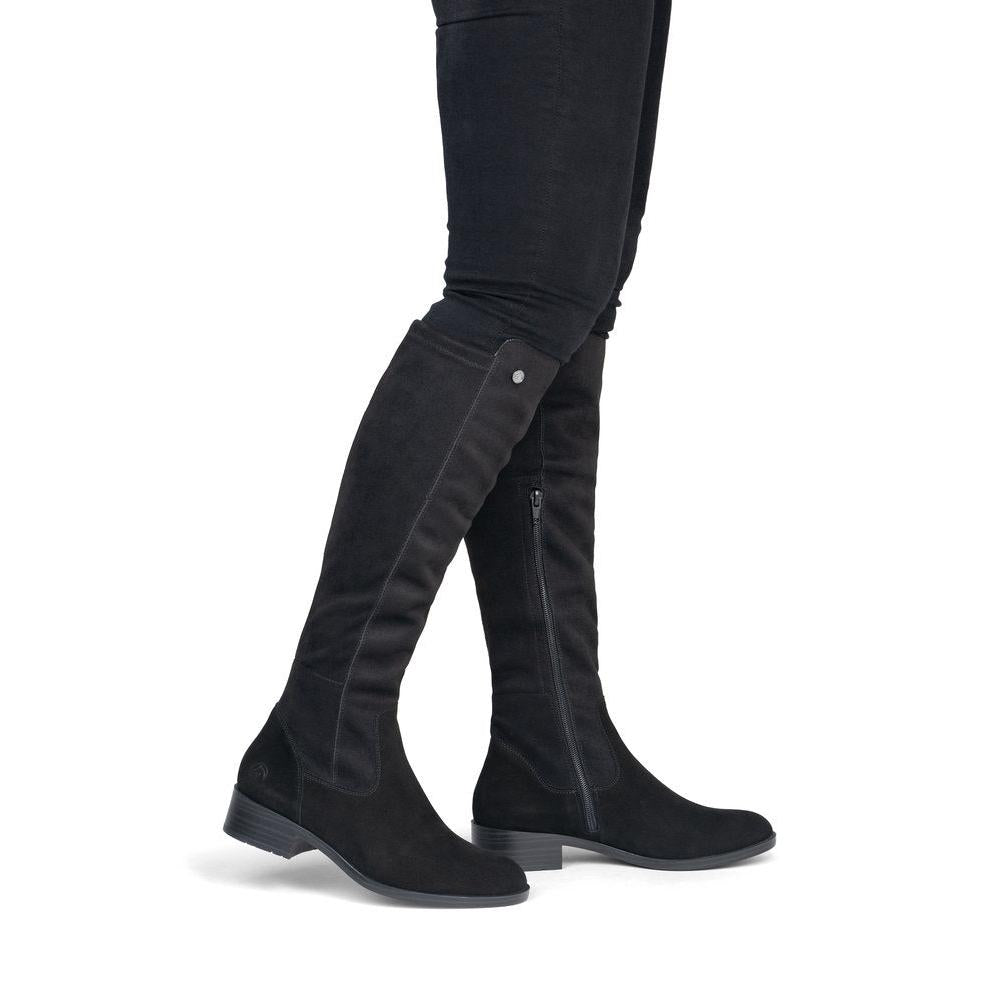 Remonte D3U70-00 women's wide black leather & textile side zip knee high boots, on-foot lifestyle view.