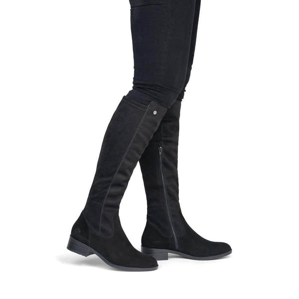Remonte D3U70-00 women's wide black leather & textile side zip knee high boots, on-foot lifestyle view.