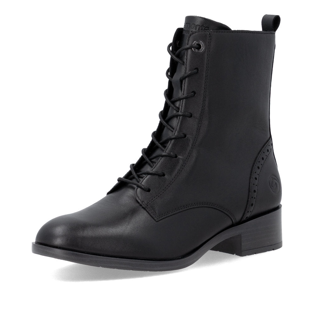 Remonte D3U71-00 women's wide black leather zip & lace ankle boots, front three-quarter view.