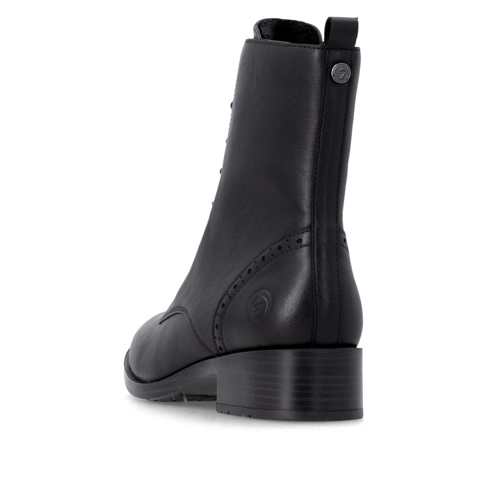 Remonte D3U71-00 women's wide black leather zip & lace ankle boots, rear three-quarter view.