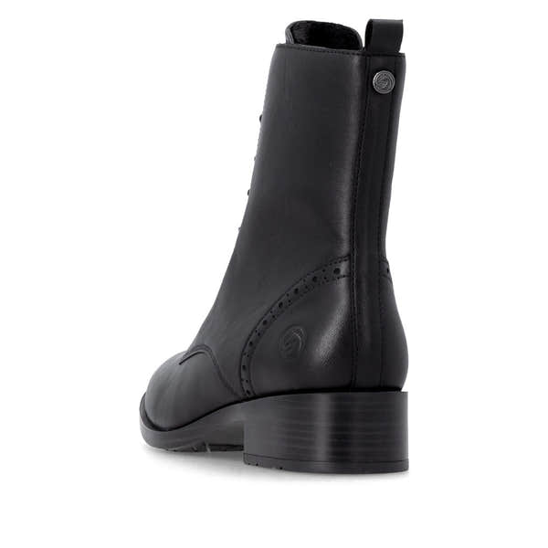 Remonte D3U71-00 women's wide black leather zip & lace ankle boots, rear three-quarter view.