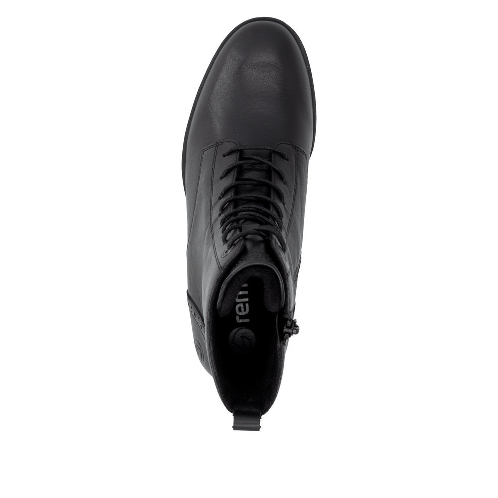 Remonte D3U71-00 women's wide black leather zip & lace ankle boots, top view.