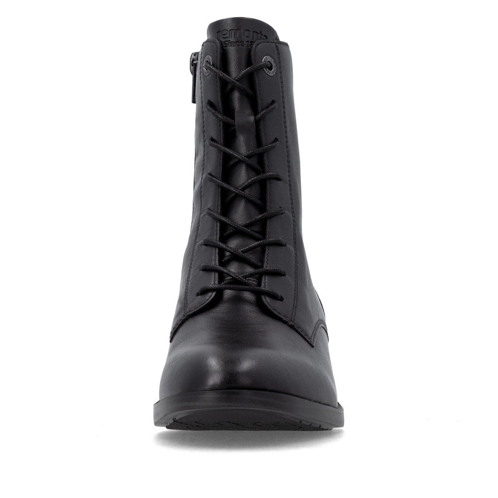 Remonte D3U71-00 women's wide black leather zip & lace ankle boots, front view.