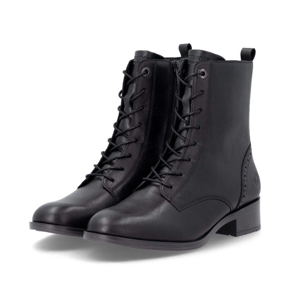 Remonte D3U71-00 women's wide black leather zip & lace ankle boots, paired three-quarter view.