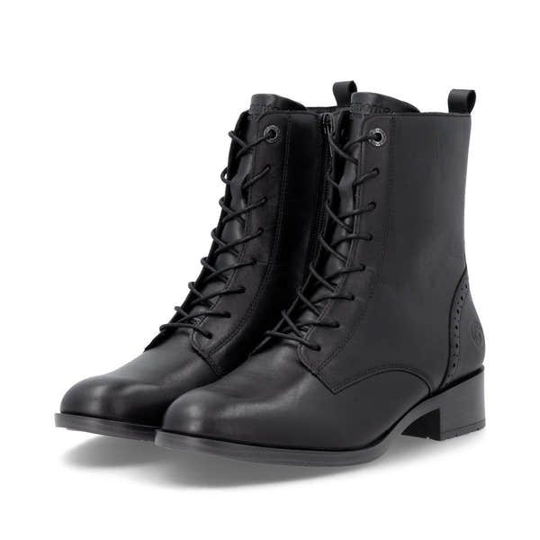 Remonte D3U71-00 women's wide black leather zip & lace ankle boots, paired three-quarter view.