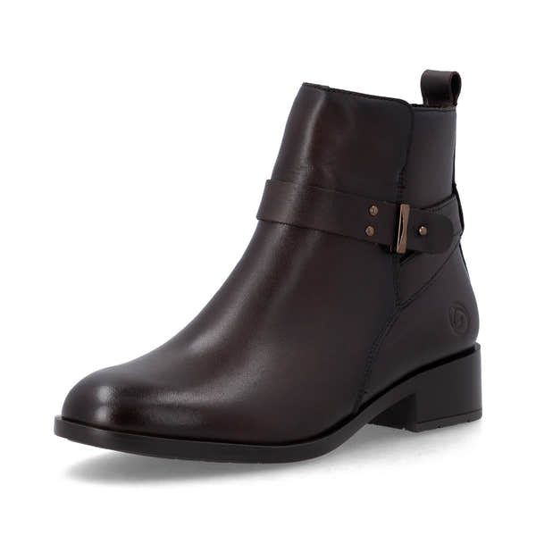 Remonte D3U72-25 women's wide brown leather side zip ankle boots, front three-quarter view.