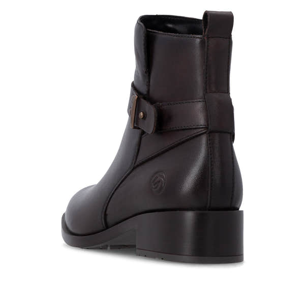 Remonte D3U72-25 women's wide brown leather side zip ankle boots, rear three-quarter view.