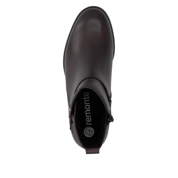 Remonte D3U72-25 women's wide brown leather side zip ankle boots, top view.