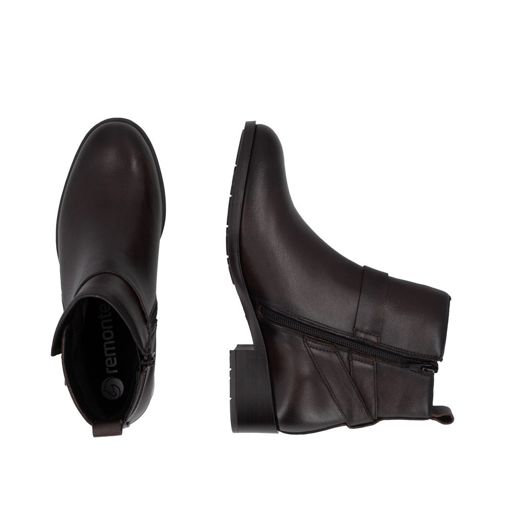 Remonte D3U72-25 women's wide brown leather side zip ankle boots, two-angle product view.