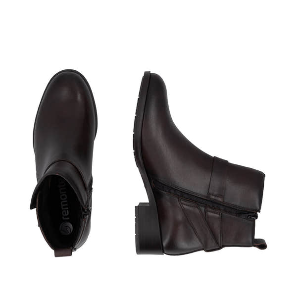 Remonte D3U72-25 women's wide brown leather side zip ankle boots, two-angle product view.