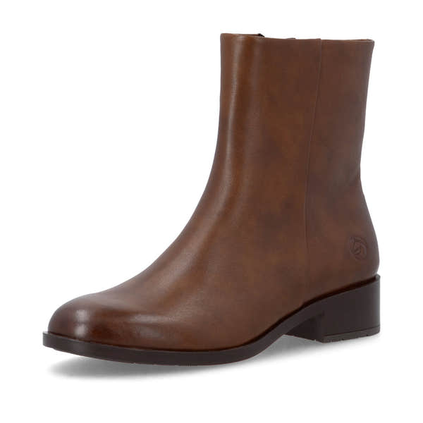 Remonte D3U73-22 women's wide brown leather side zip ankle boots, front three-quarter view.