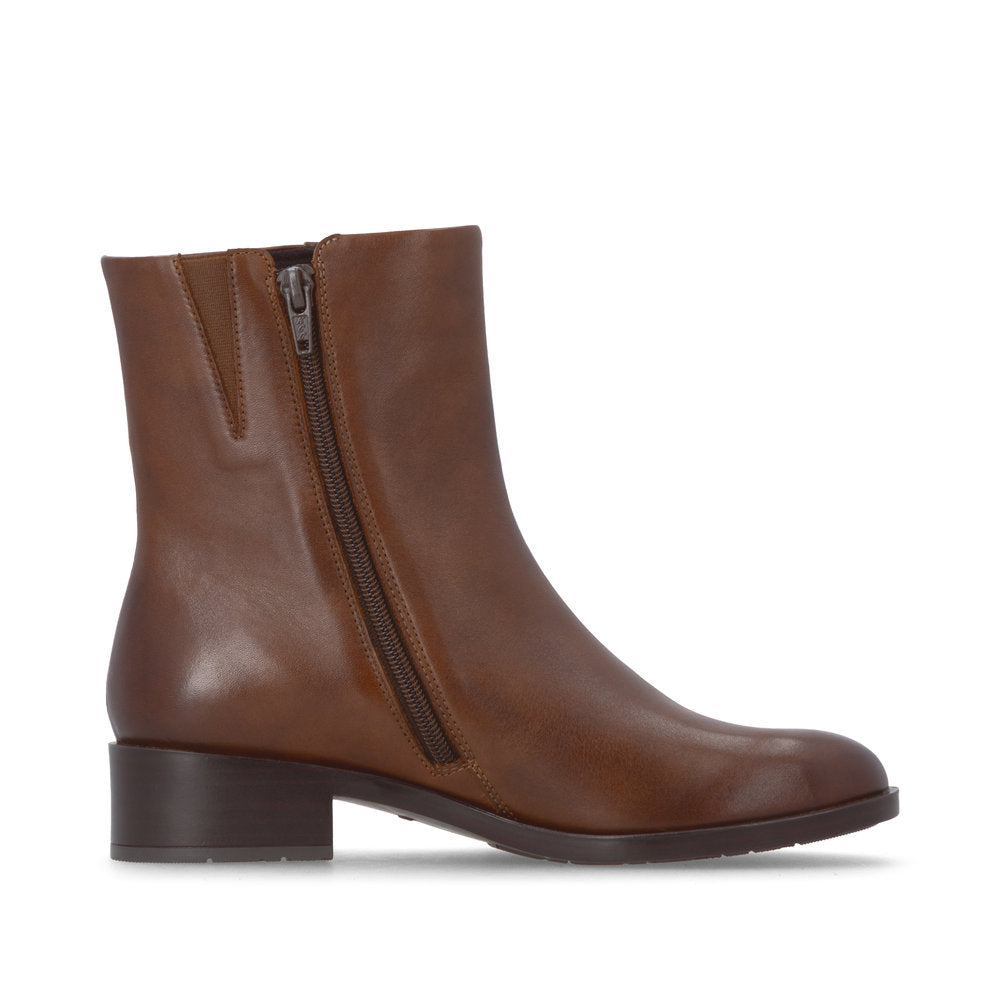 Remonte D3U73-22 women's wide brown leather side zip ankle boots, outer side view.