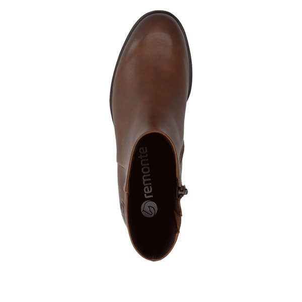 Remonte D3U73-22 women's wide brown leather side zip ankle boots, top view.