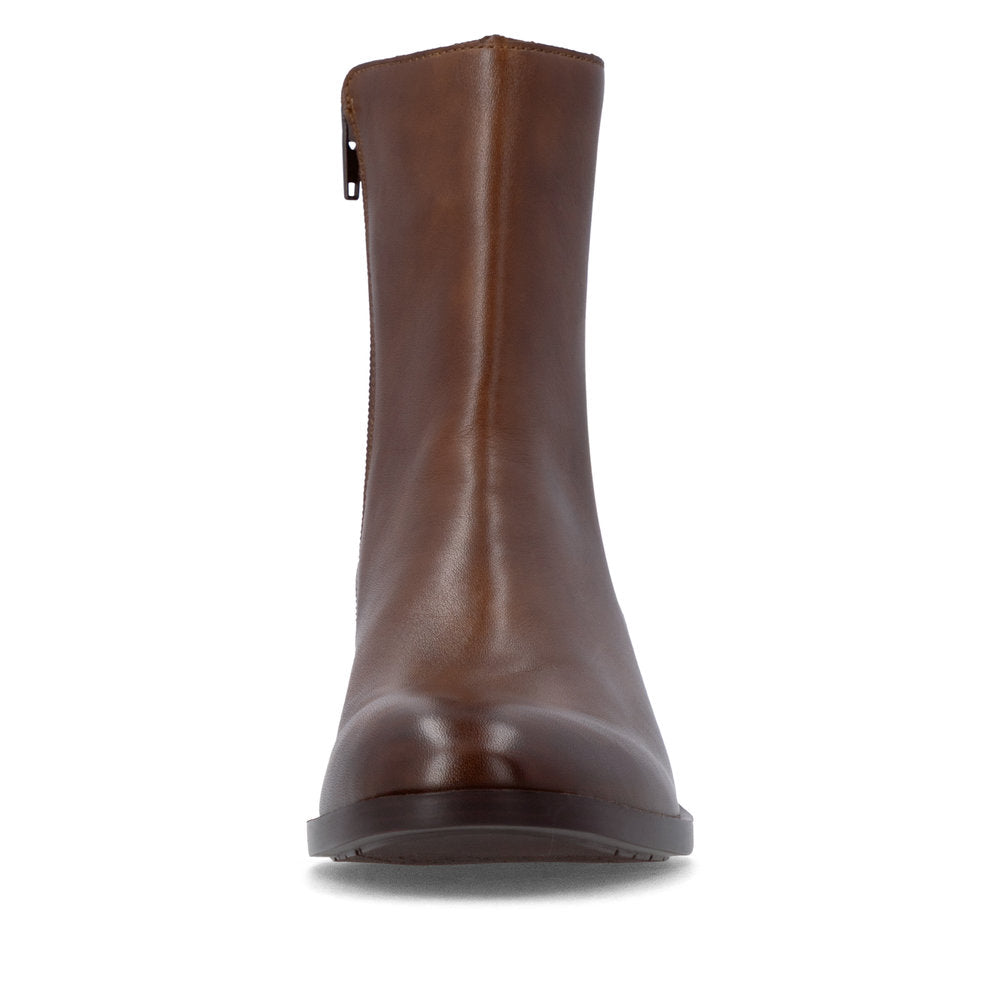 Remonte D3U73-22 women's wide brown leather side zip ankle boots, front view.