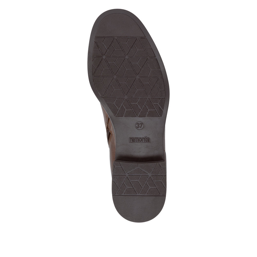 Remonte D3U73-22 women's wide brown leather side zip ankle boots, sole and tread view.