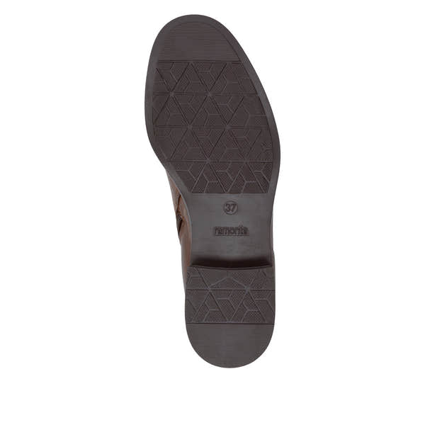Remonte D3U73-22 women's wide brown leather side zip ankle boots, sole and tread view.