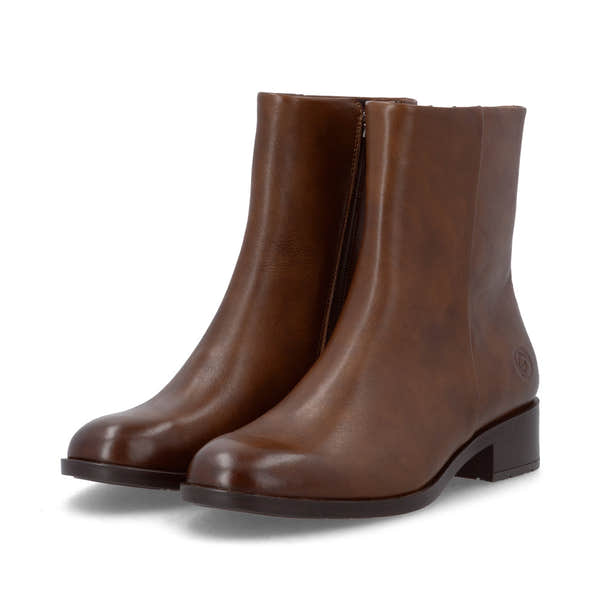 Remonte D3U73-22 women's wide brown leather side zip ankle boots, paired three-quarter view.
