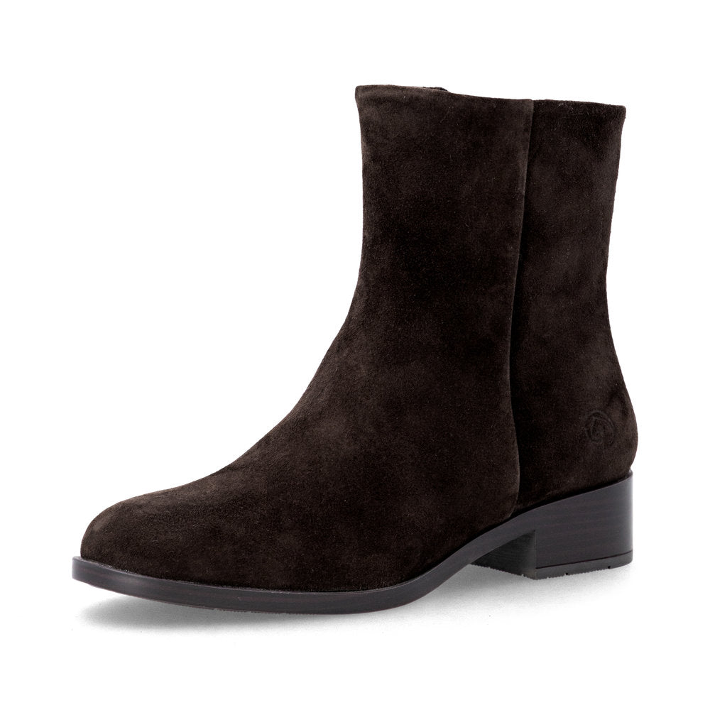 Remonte D3U73-25 women's wide brown suede side zip ankle boots, front three-quarter view.