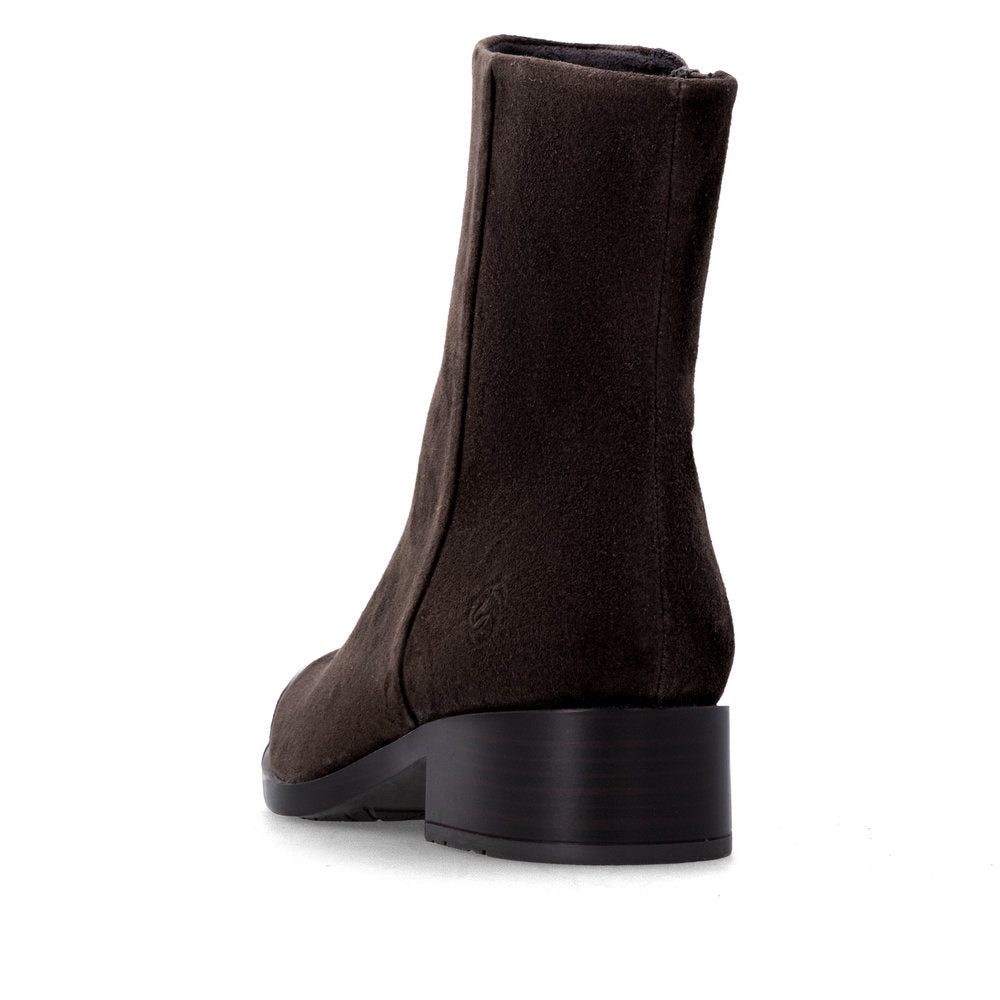 Remonte D3U73-25 women's wide brown suede side zip ankle boots, rear three-quarter view.
