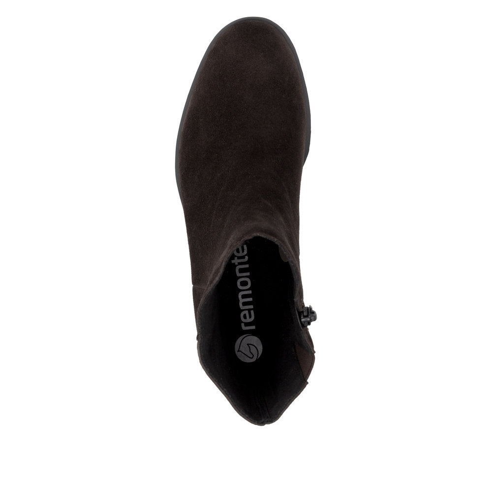 Remonte D3U73-25 women's wide brown suede side zip ankle boots, top view.