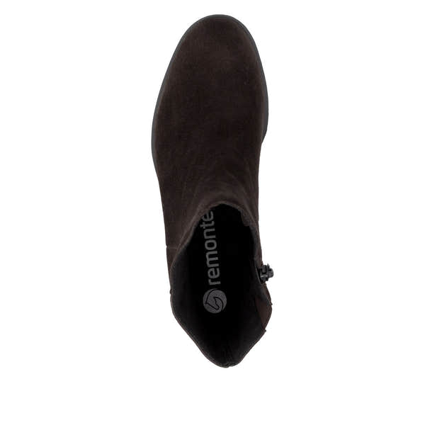 Remonte D3U73-25 women's wide brown suede side zip ankle boots, top view.