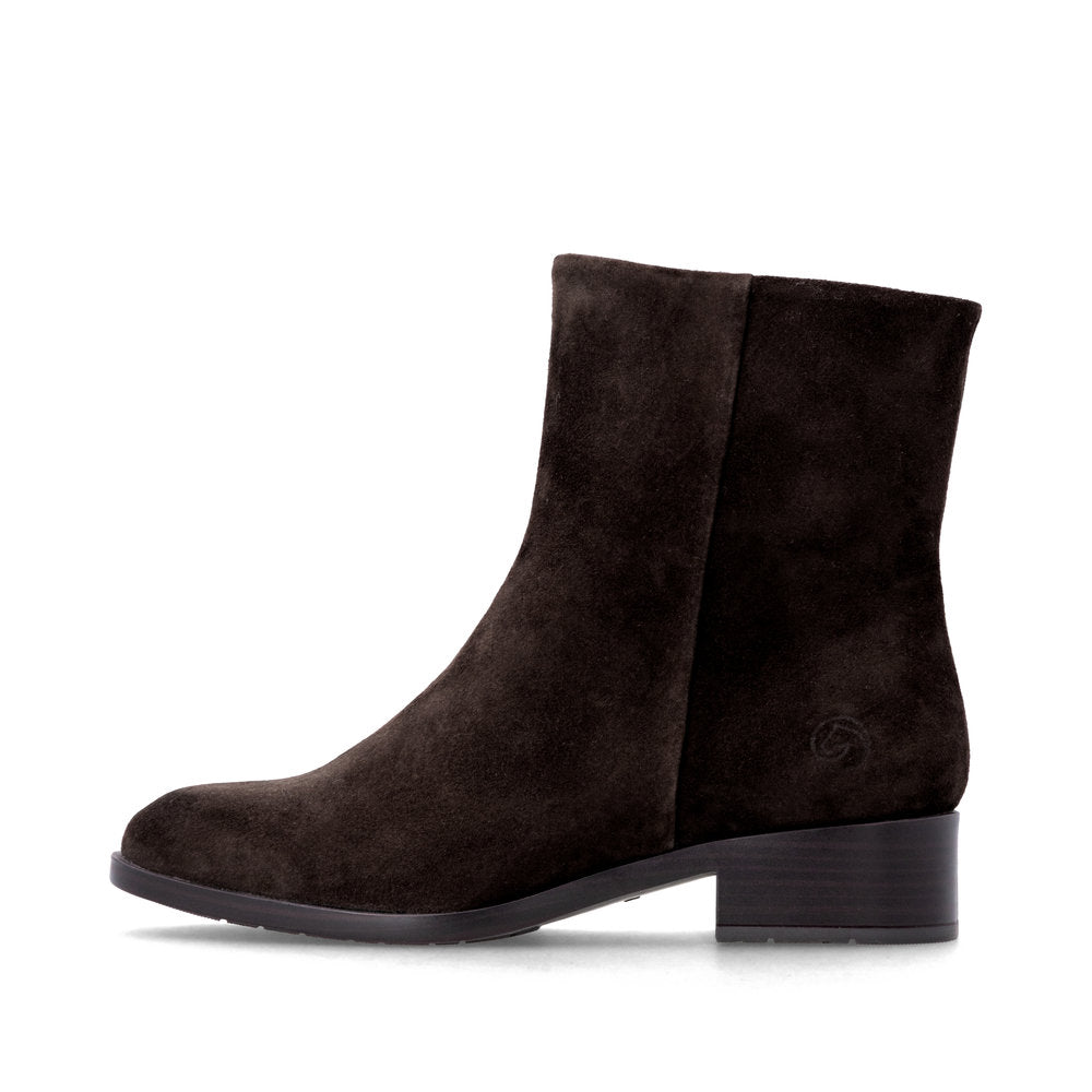 Remonte D3U73-25 women's wide brown suede side zip ankle boots, inner side view.