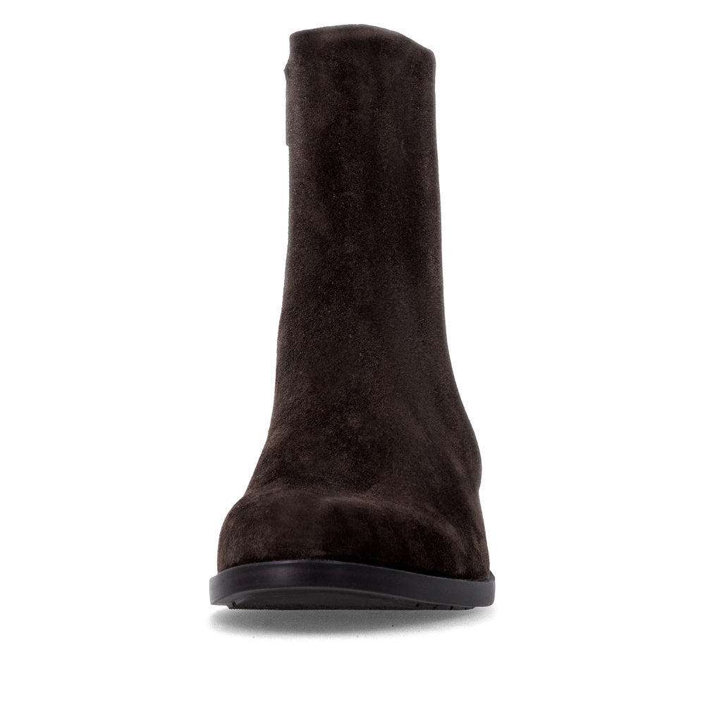Remonte D3U73-25 women's wide brown suede side zip ankle boots, front view.