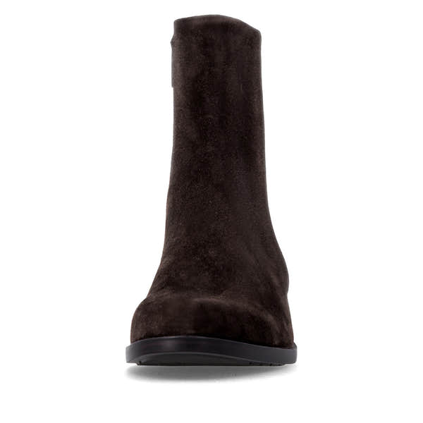 Remonte D3U73-25 women's wide brown suede side zip ankle boots, front view.
