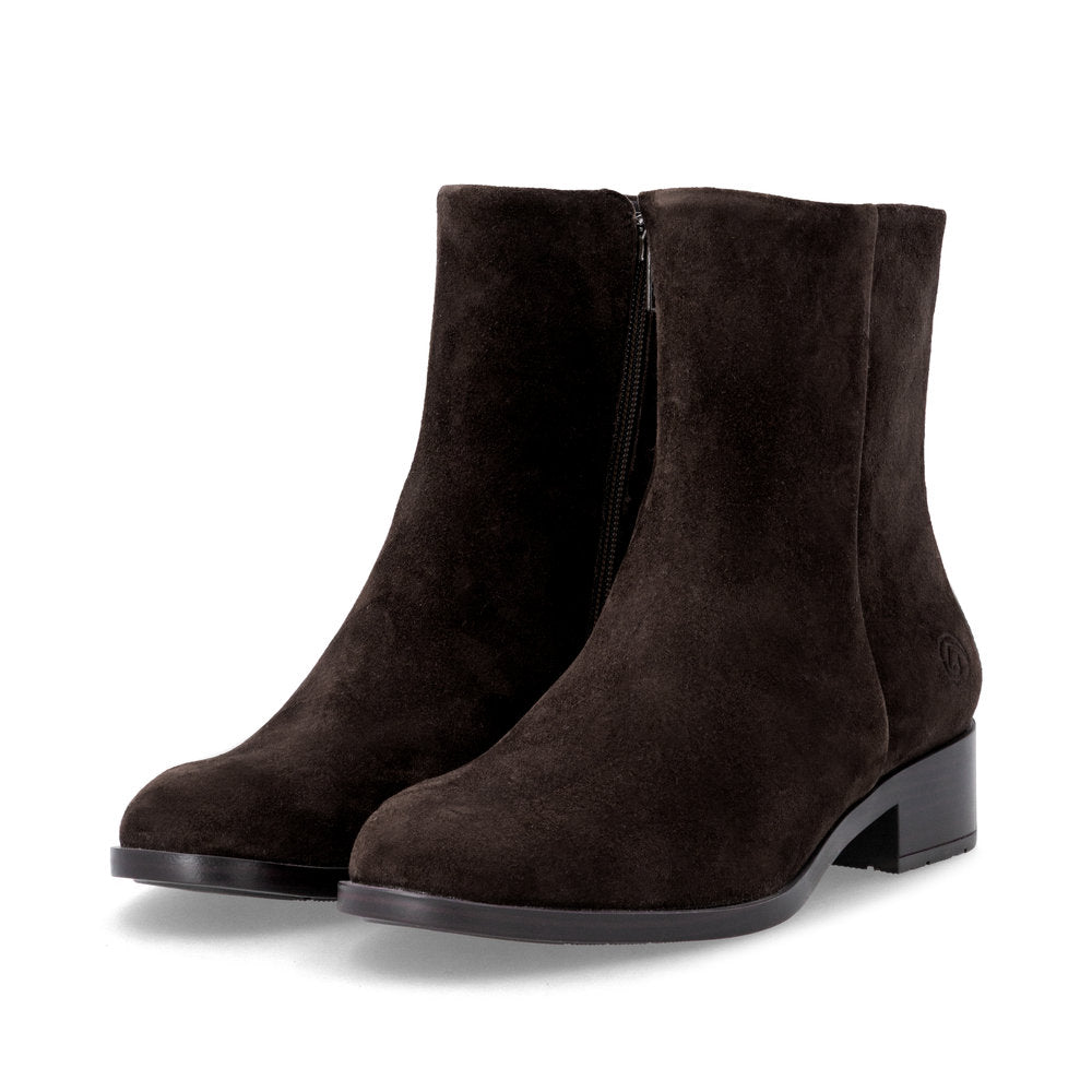Remonte D3U73-25 women's wide brown suede side zip ankle boots, paired three-quarter view.