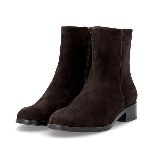Remonte D3U73-25 women's wide brown suede side zip ankle boots, paired three-quarter view.