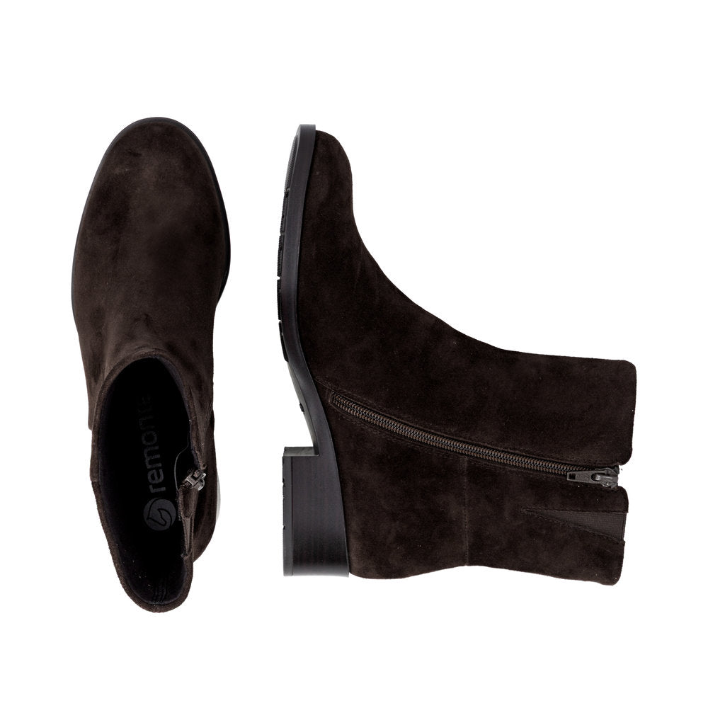 Remonte D3U73-25 women's wide brown suede side zip ankle boots, two-angle product view.