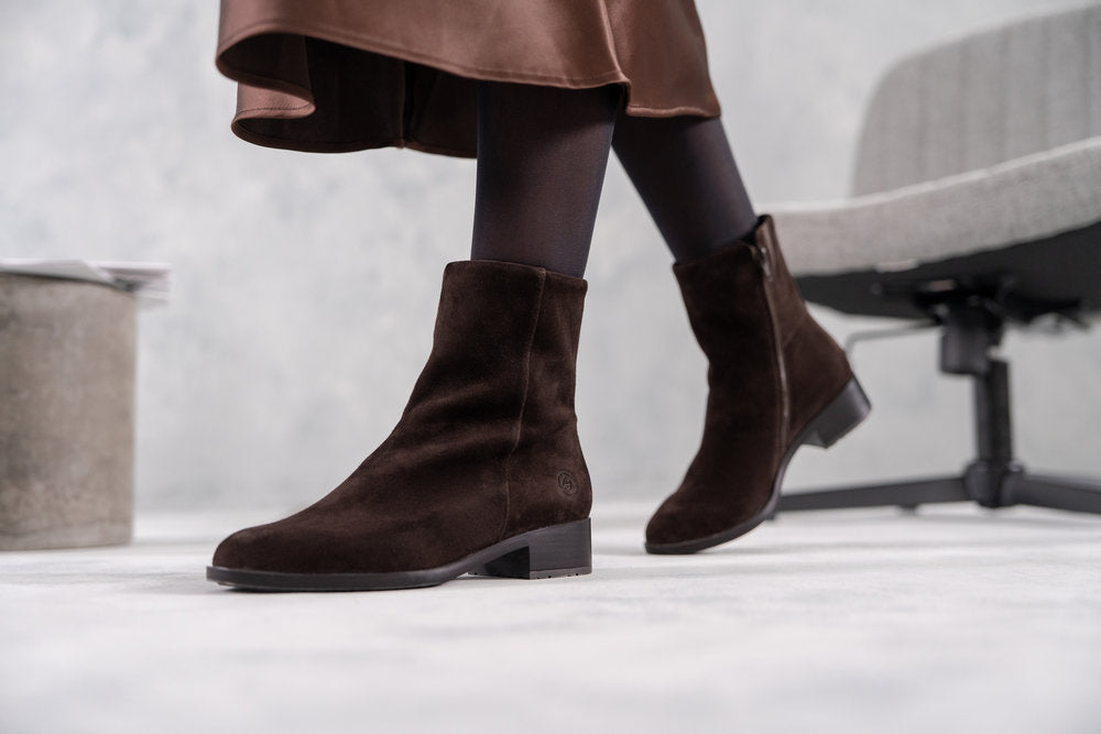 Remonte D3U73-25 women's wide brown suede side zip ankle boots, lifestyle view 8 of 20.