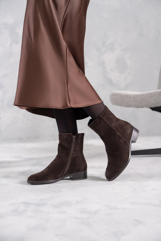 Remonte D3U73-25 women's wide brown suede side zip ankle boots, lifestyle view 9 of 20.