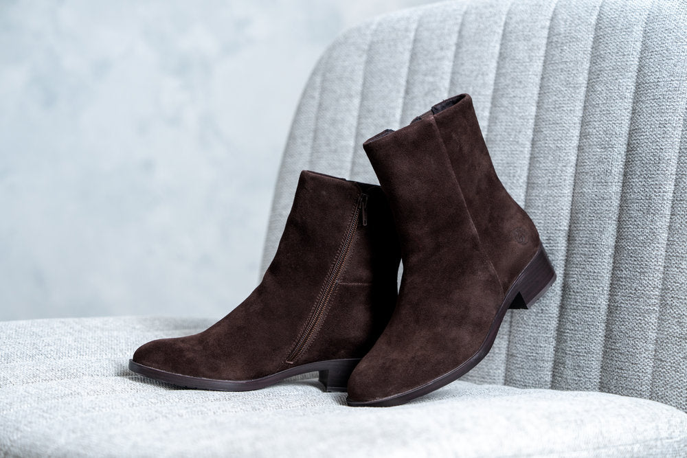 Remonte D3U73-25 women's wide brown suede side zip ankle boots, lifestyle view 12 of 20.