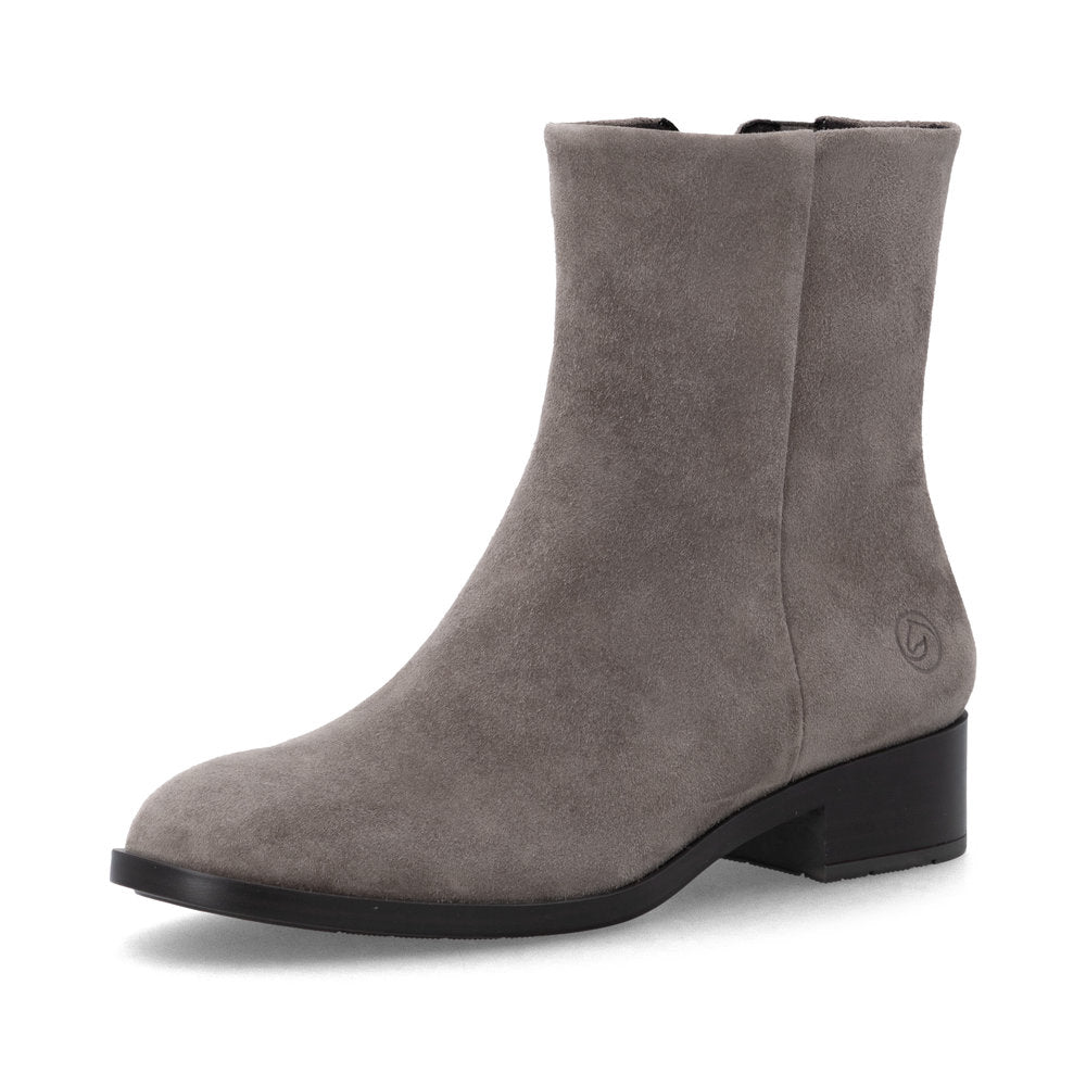 Remonte D3U73-42 women's wide grey suede side zip ankle boots, front three-quarter view.